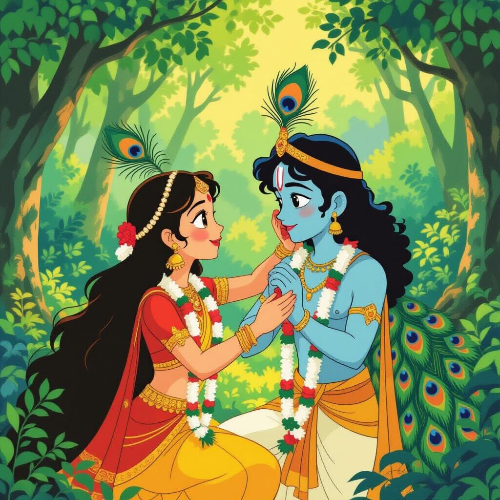 Radha Teasing Krishna in Ghibli Style Forest