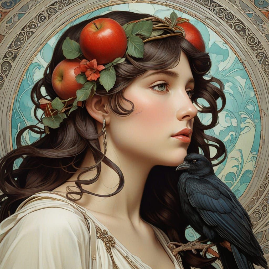 Art Nouveau Aphrodite Contemplates Apple in Painterly Style