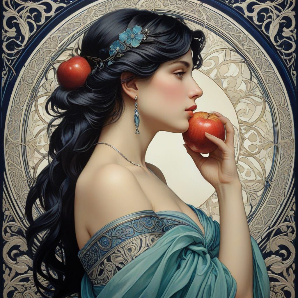 Art Nouveau Aphrodite Contemplates Apple in Painterly Style