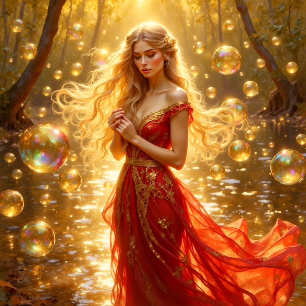 Lady of the Lake in Art Nouveau Style with Iridescent Bubble...