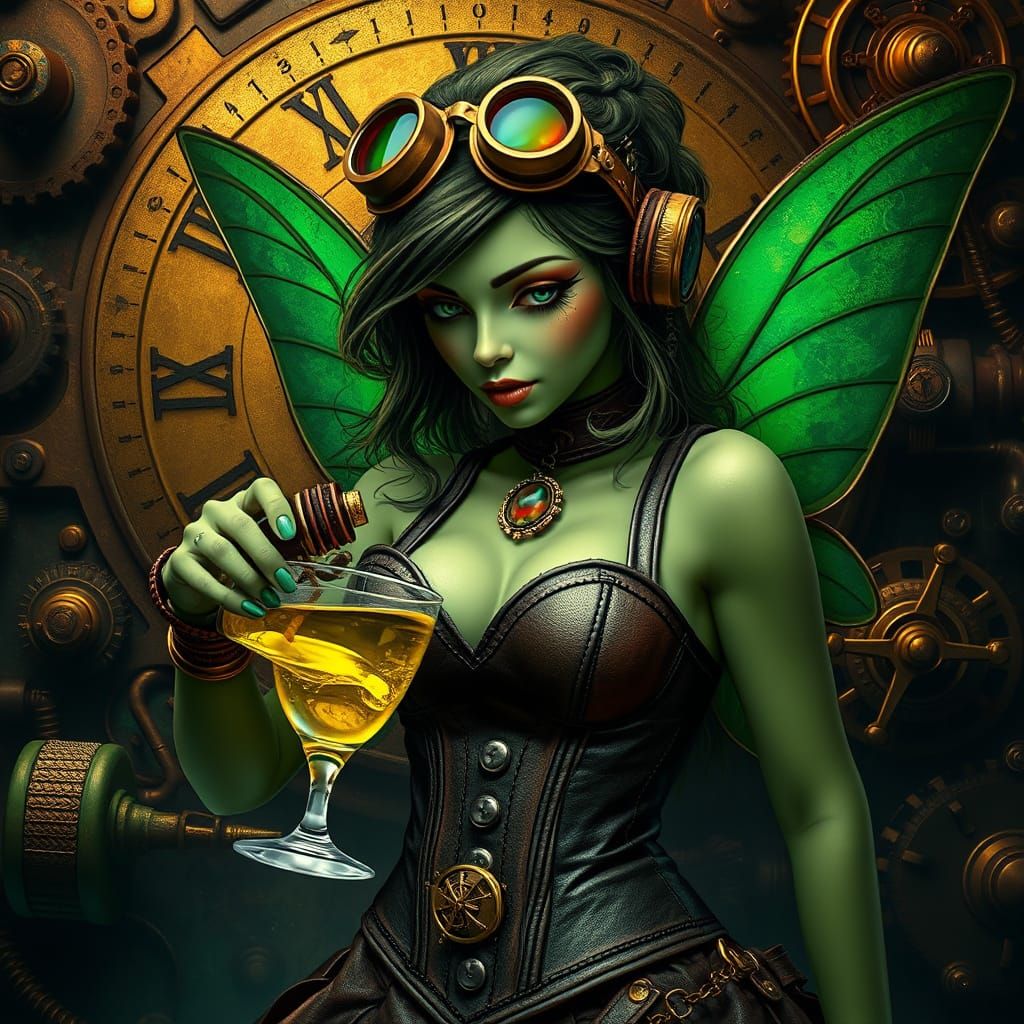 Green Fairy Pours Absinthe in Steampunk Style