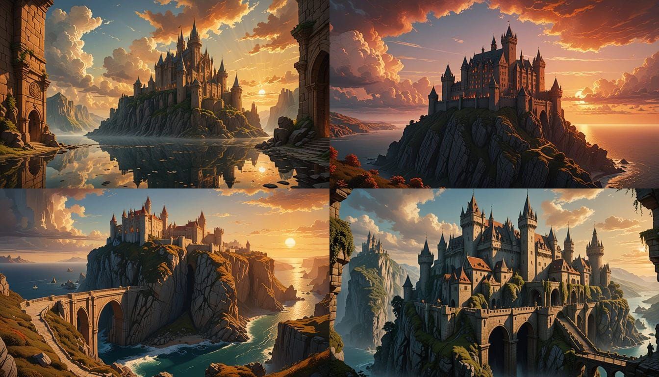 Ancient Castle of Amber Towers Above Sunset Sea