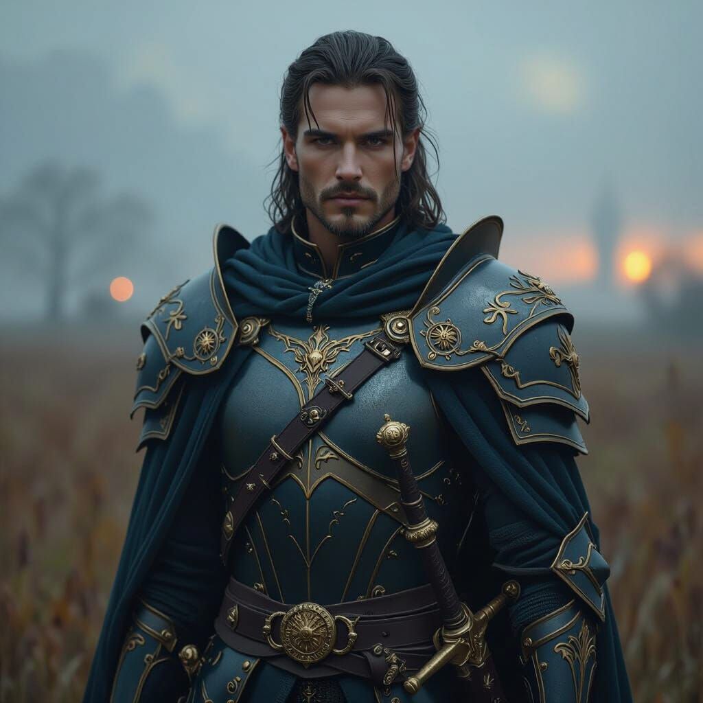 Hyperrealistic Half-Elf Paladin in Ominous Field