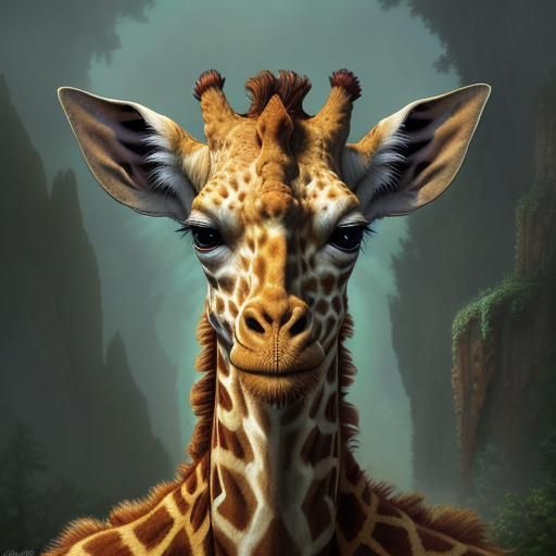 funny photo portrait of a grotesque giraffe, crazy hair, str...