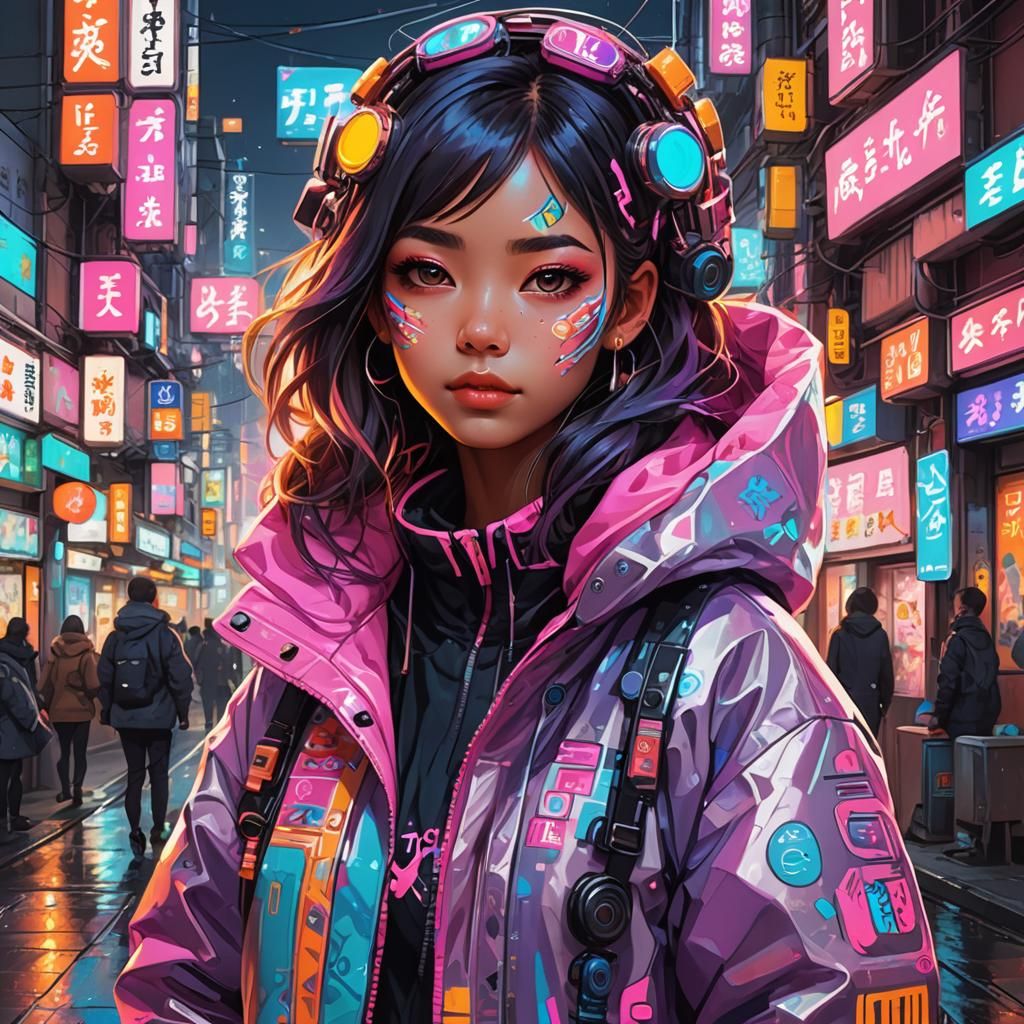 Neon Cyberpunk Woman with Japanese Ornaments