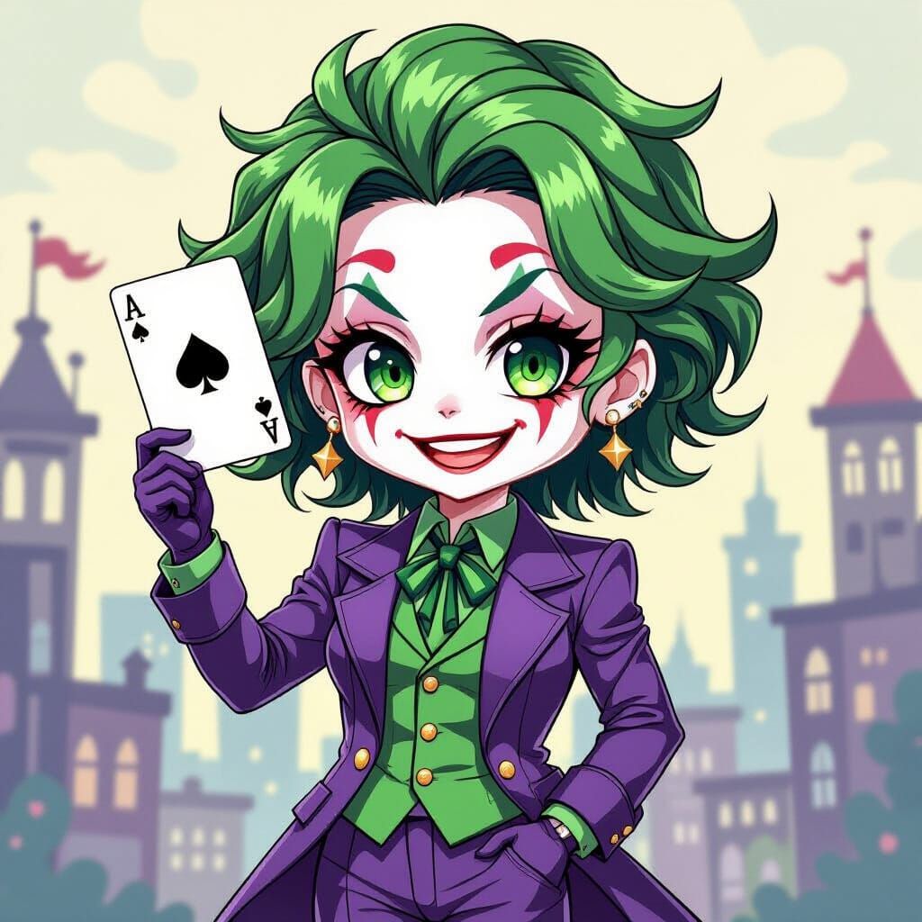 Chibi Anime Joker Girl in Whimsical Cityscape