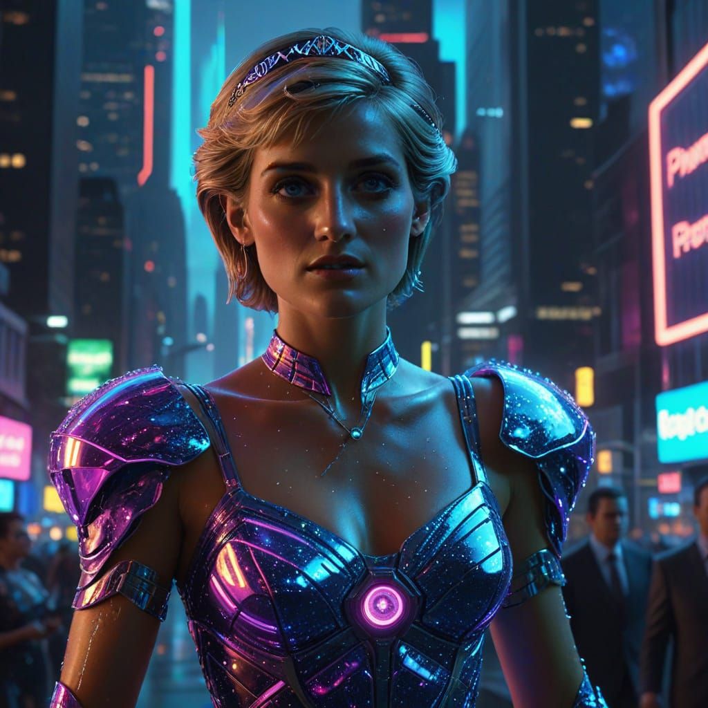 Cyberpunk Princess Diana Commands Drones in Neon City
