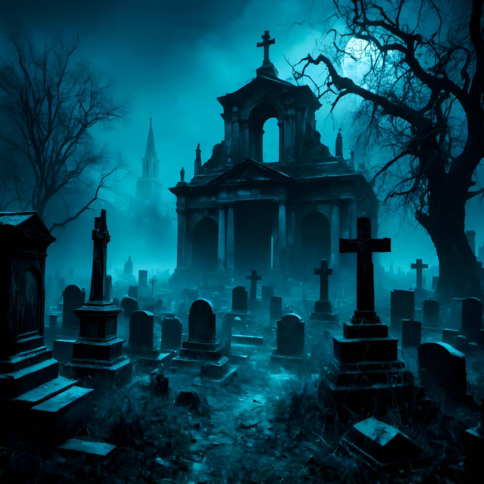Fantasy Cemetery Illustration in Blue and Black