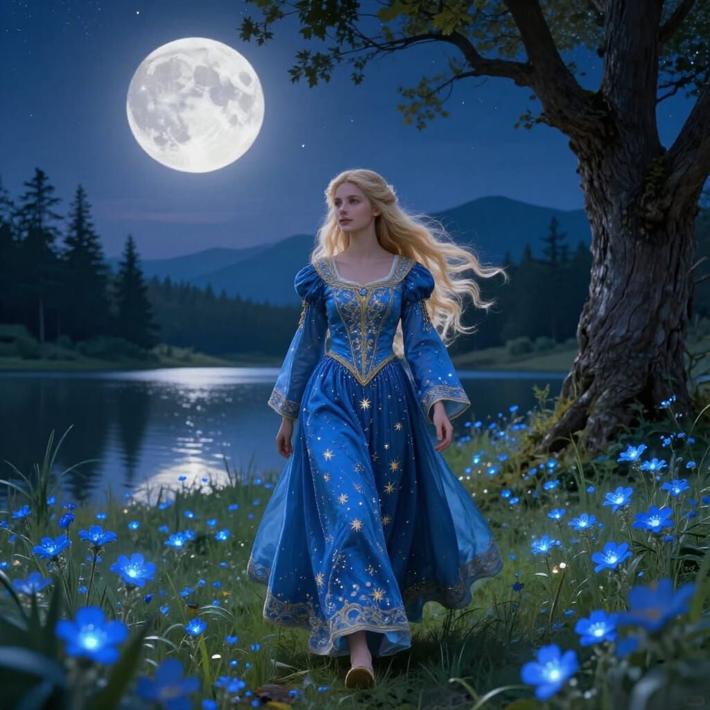 Maiden in Magical Meadow Under Full Moon