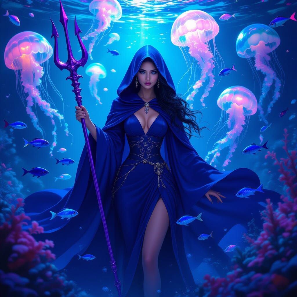 Ocean Goddess with Trident Amidst Bioluminescent Sea Life