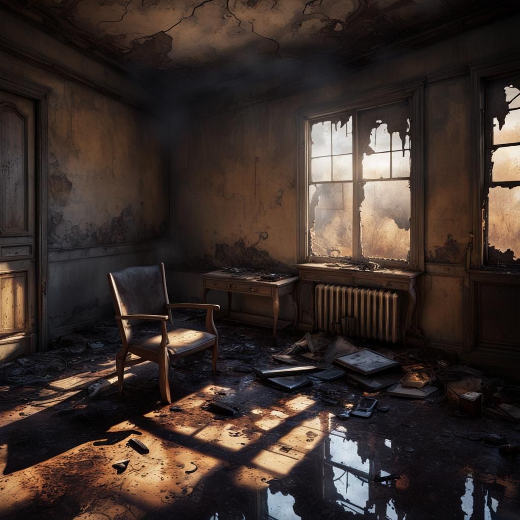 Abandoned Burnt Room with Sunlight, Photorealistic Image
