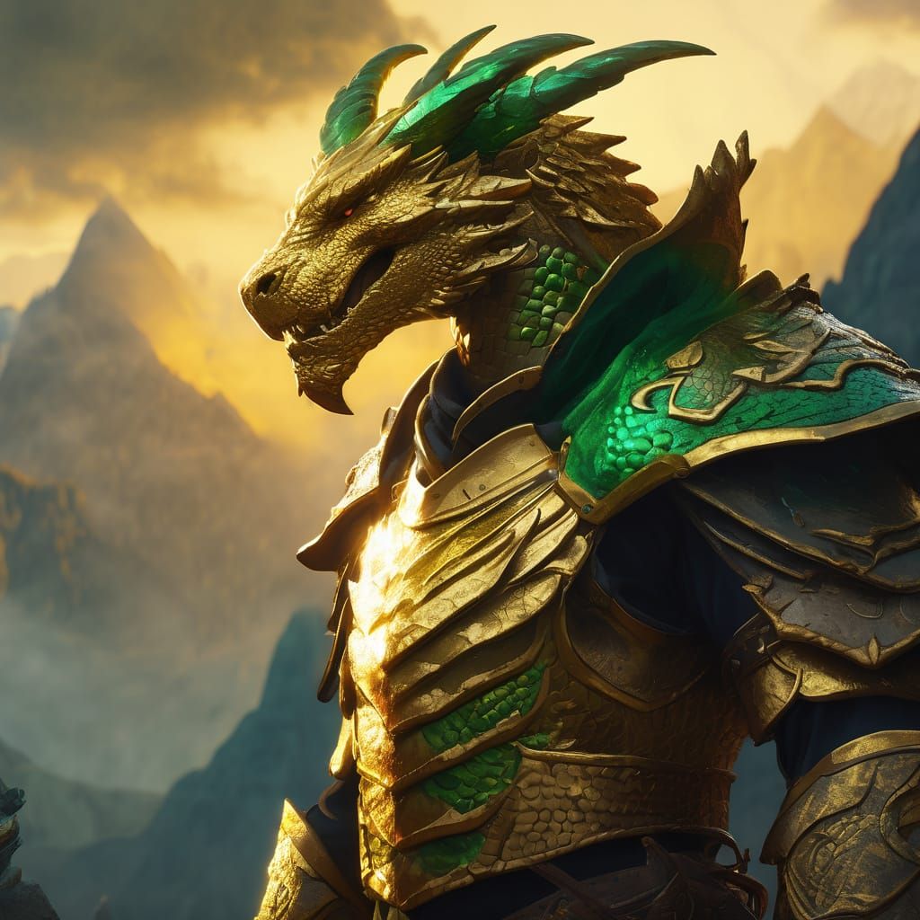 Gold Dragonborn Ranger Guard in Oil Painting Style