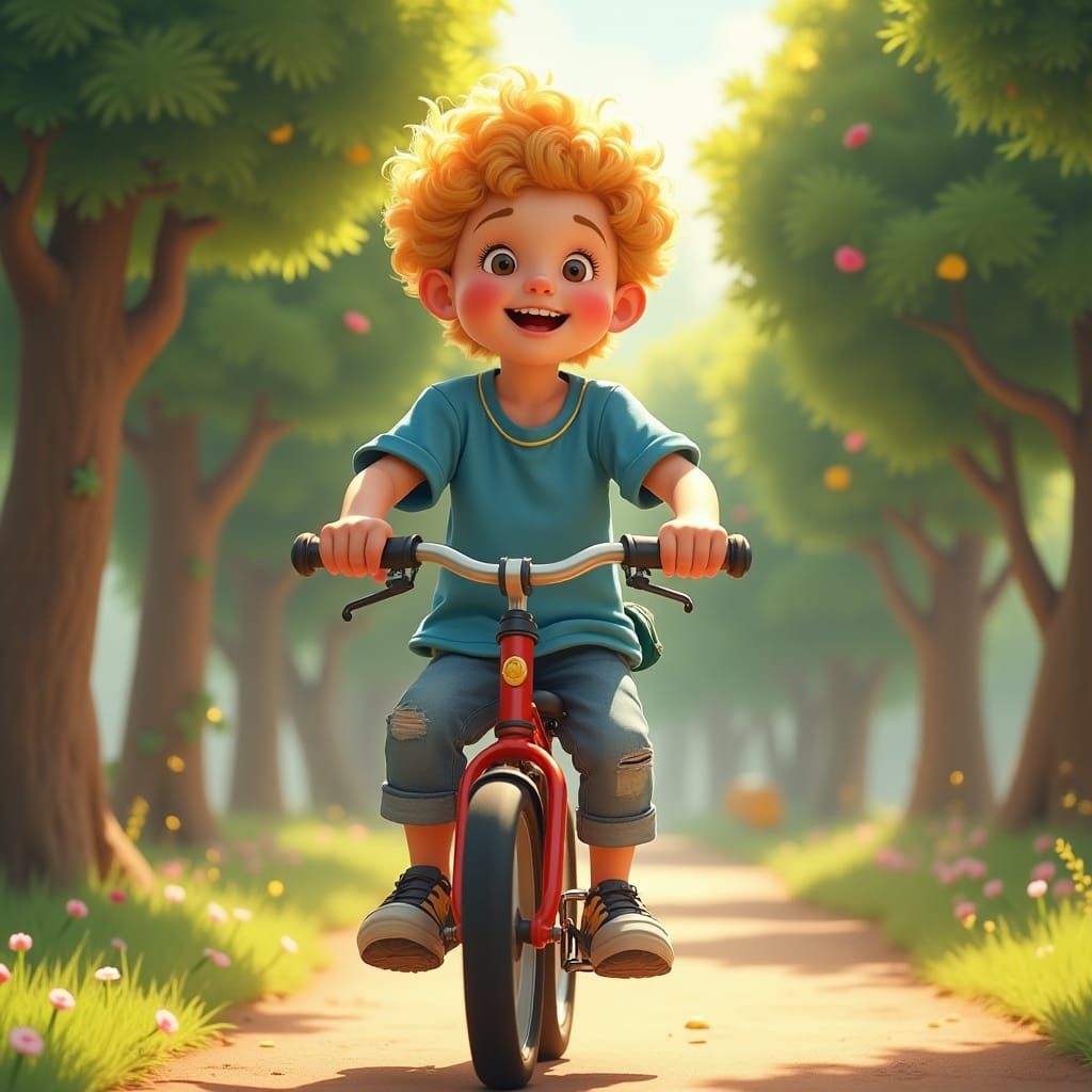 Boy Cycling Through Sunny Park: Detailed Matte Painting