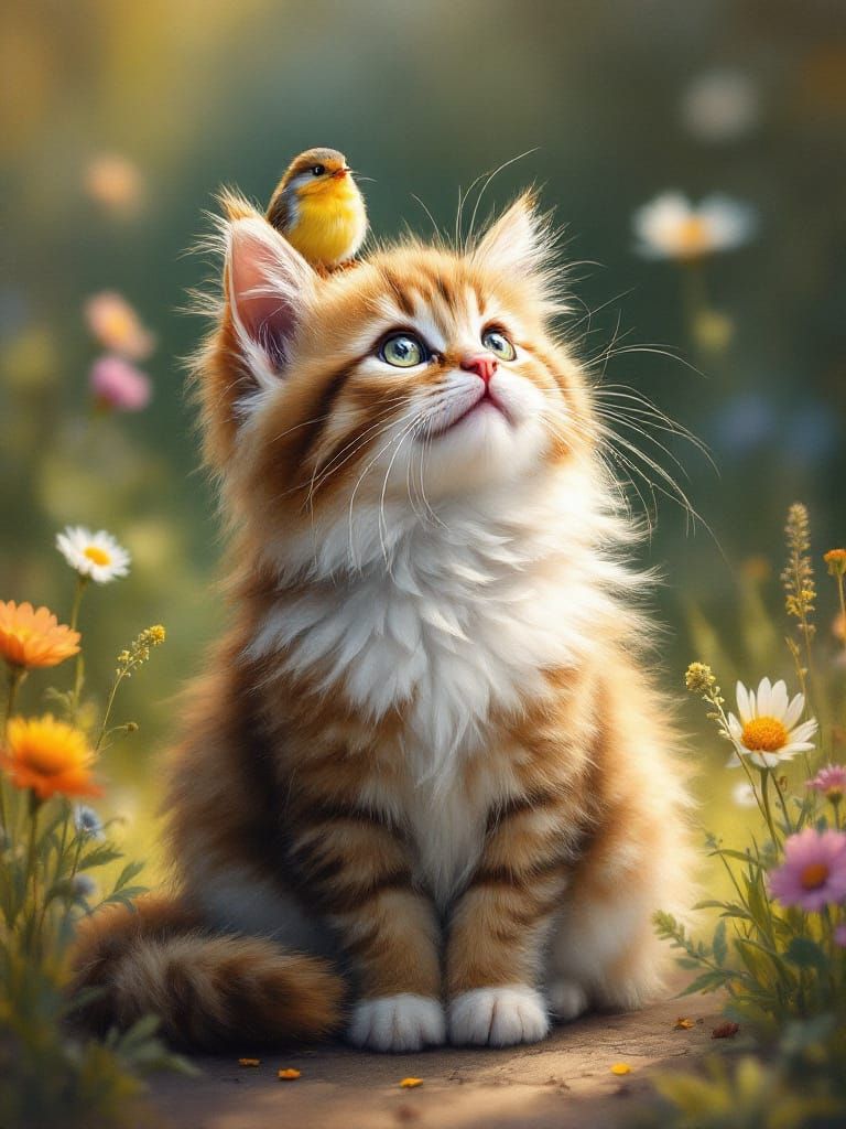Fluffy Kitten and Robin in Garden Oil Painting