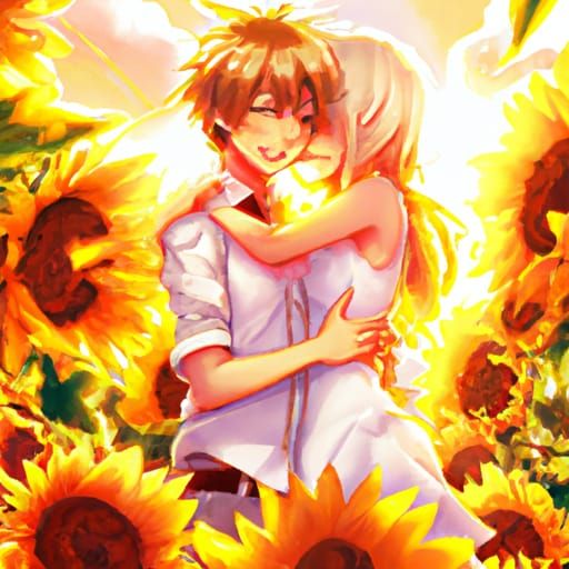 Lovers Embrace in Sunflower Field: Anime Painting