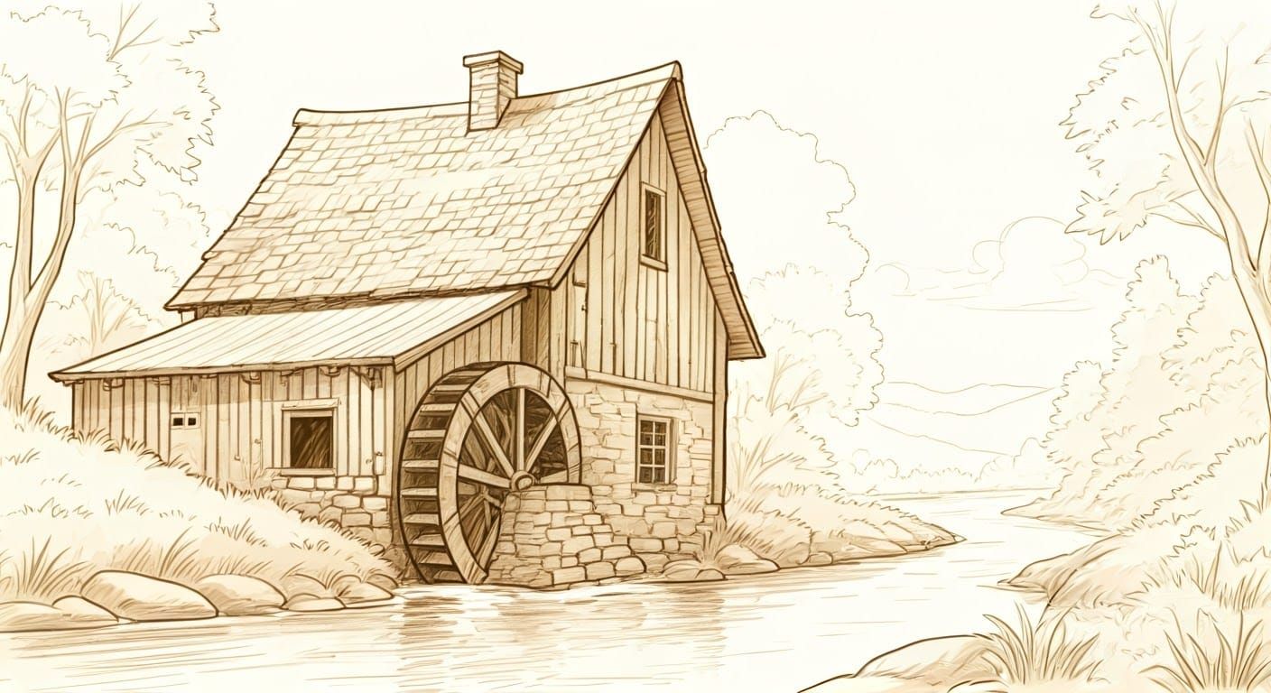 A Delicate Pencil Sketch of a Weathered Medieval Mill