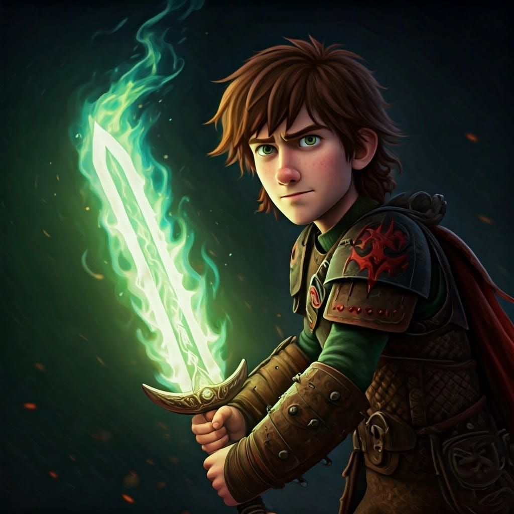 Young Hiccup Dinosaur Wields Green Fire Sword in Epic Fantas...