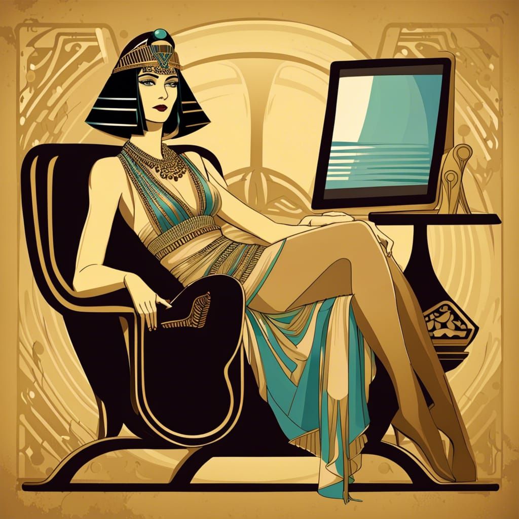 Art Deco Cleopatra on Lounge Chair with Computer