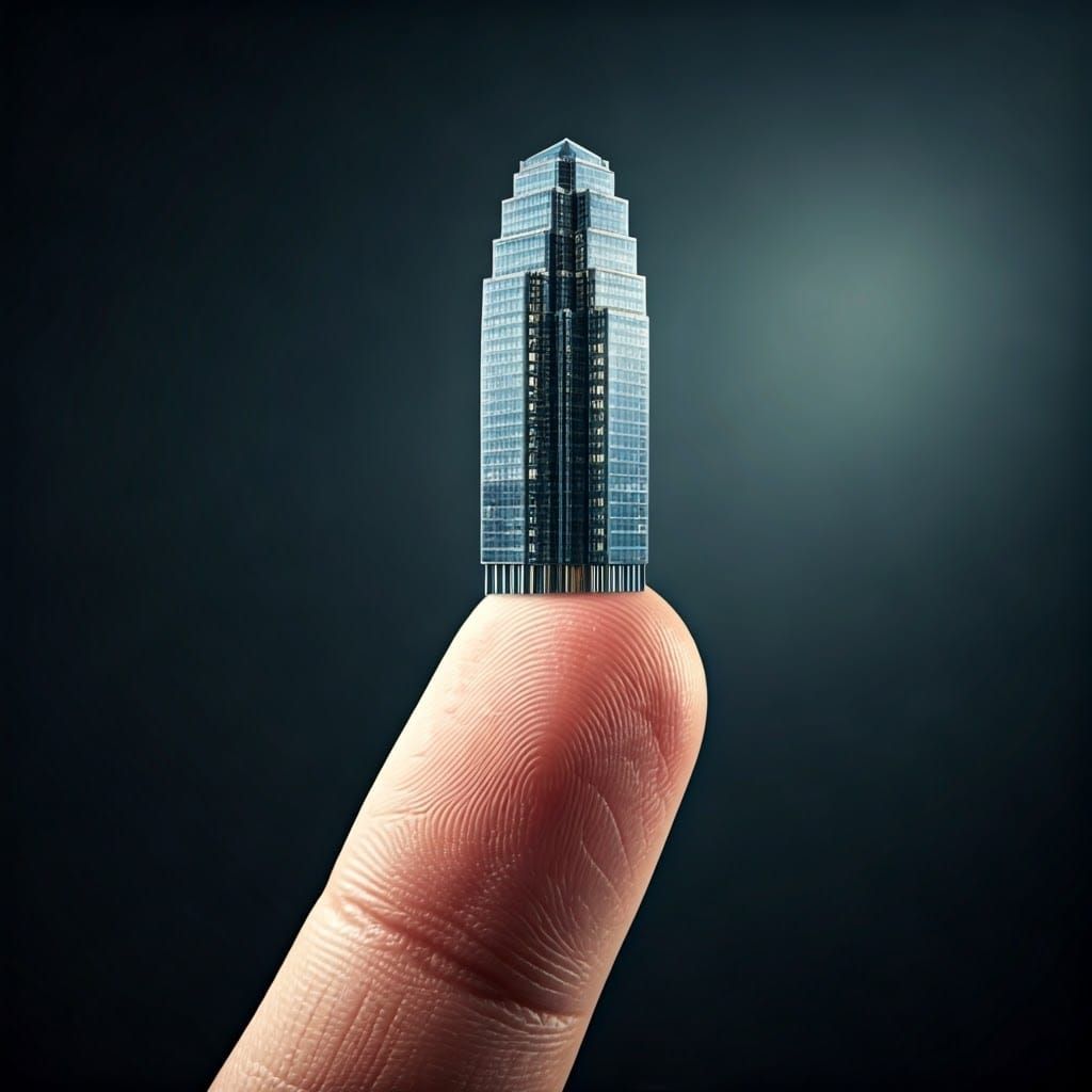 Miniature Skyscraper on Finger in Hyperrealistic Style