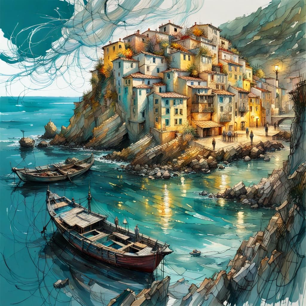 Suminagashi Mediterranean City Cove in Mixed Media Style