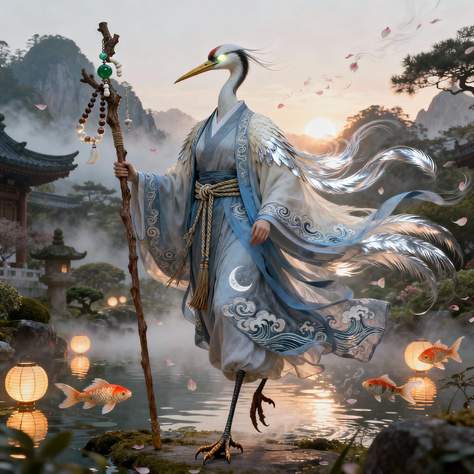 Serene Crane Woman Monk in Eastern Fantasy Style