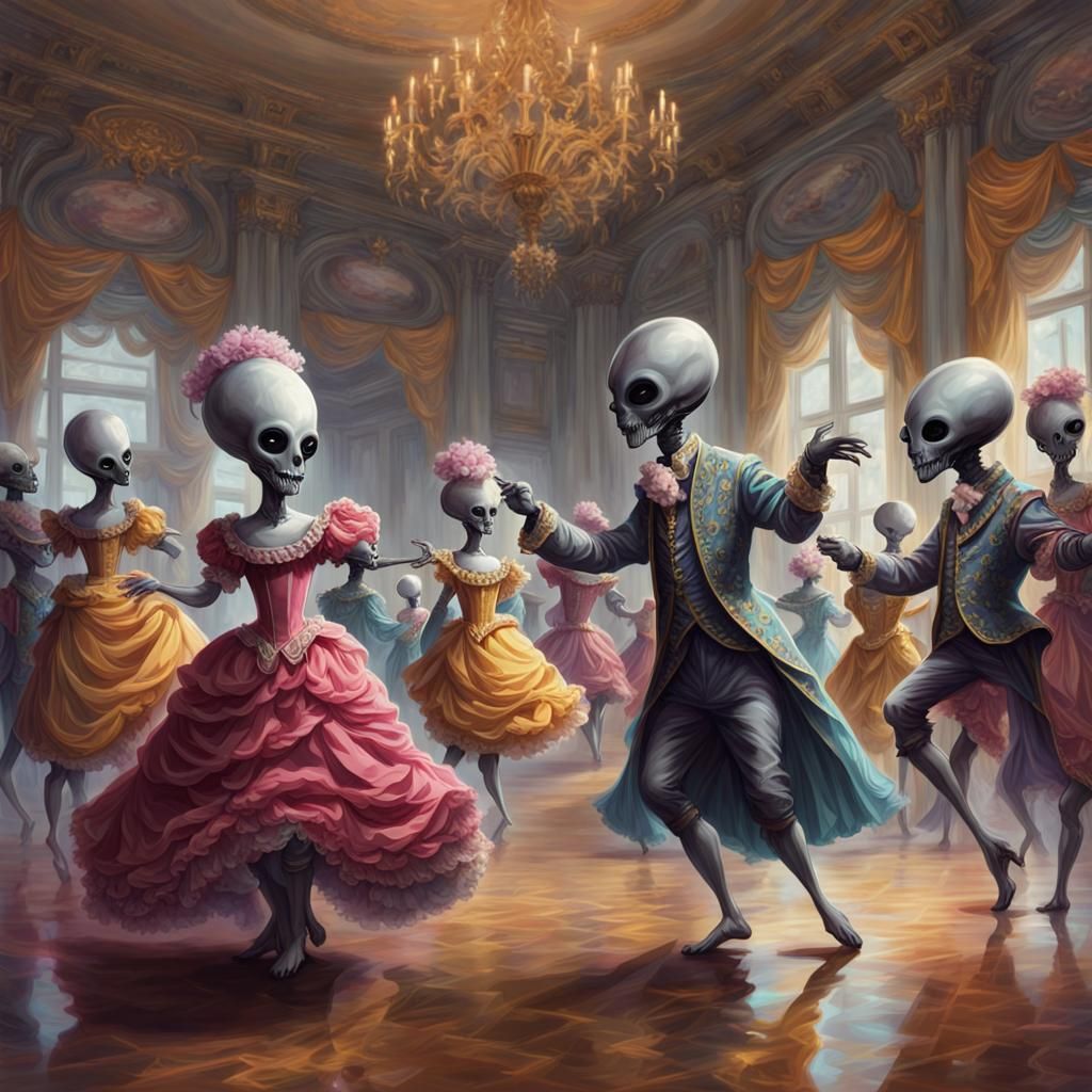 Aliens Waltz in Baroque Ballroom: A Sinister Scene