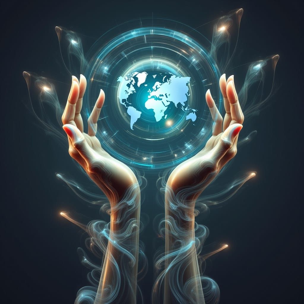 Glowing Earth Held in Futuristic Hands