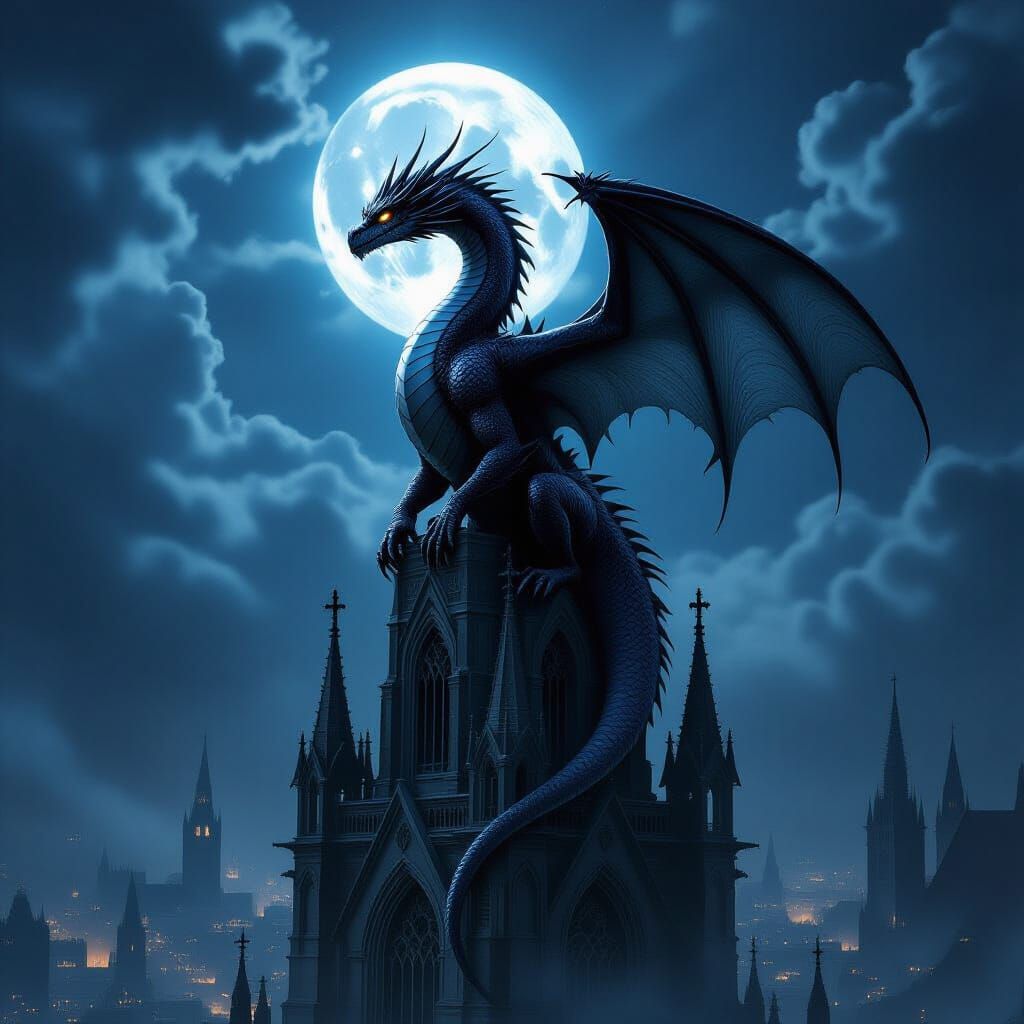 Ancient Obsidian Dragon on Gothic Cathedral