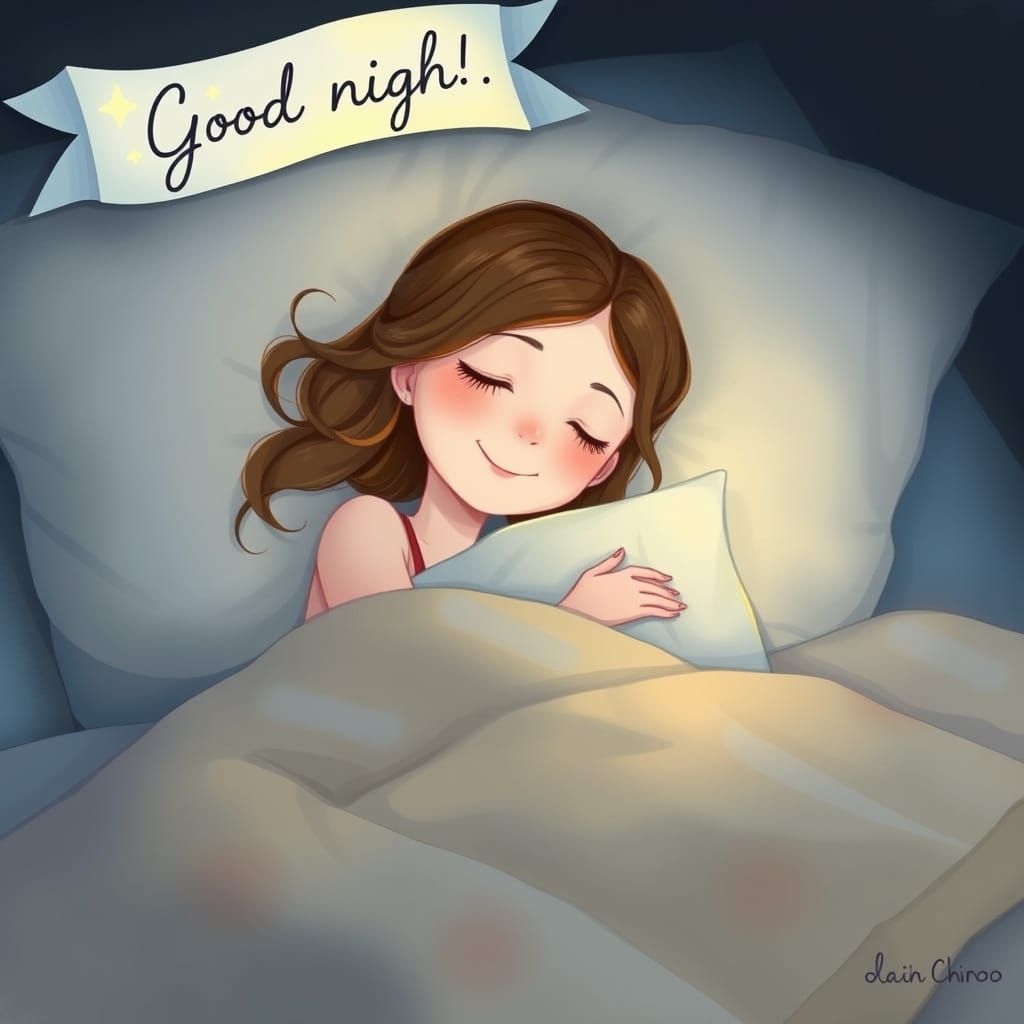 Dreamy Woman in Cozy Bed, Good Night
