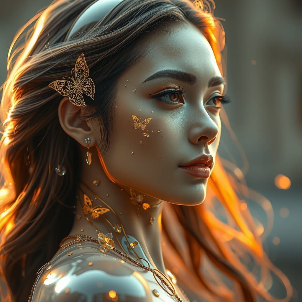 Elegant Cyborg Portrait with Butterfly Filigree in 8k