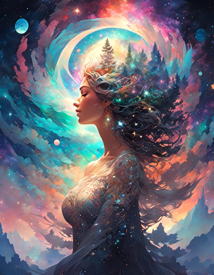 Aphrodite in a Cosmic Vortex of Iridescent Color