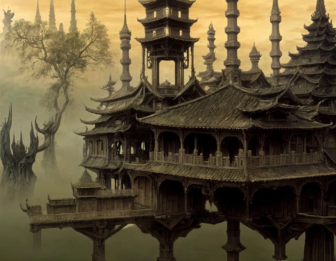 Surreal Japanese Pagoda Landscape in Cyberpunk Style