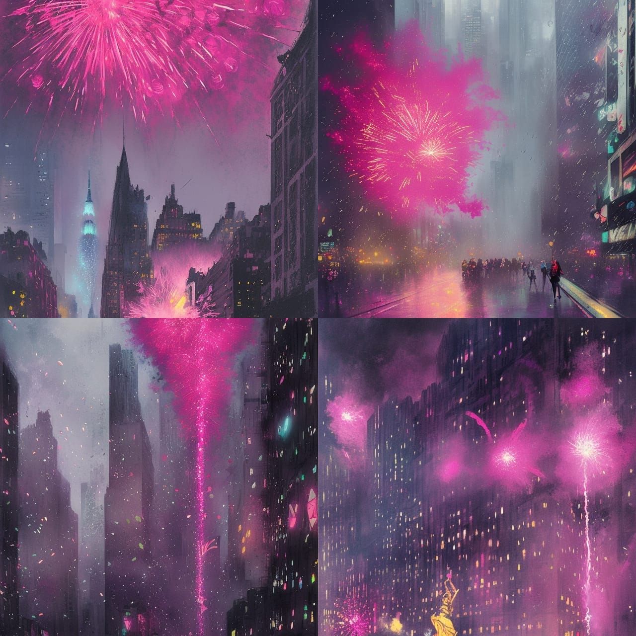 Magenta Fireworks Over New York City