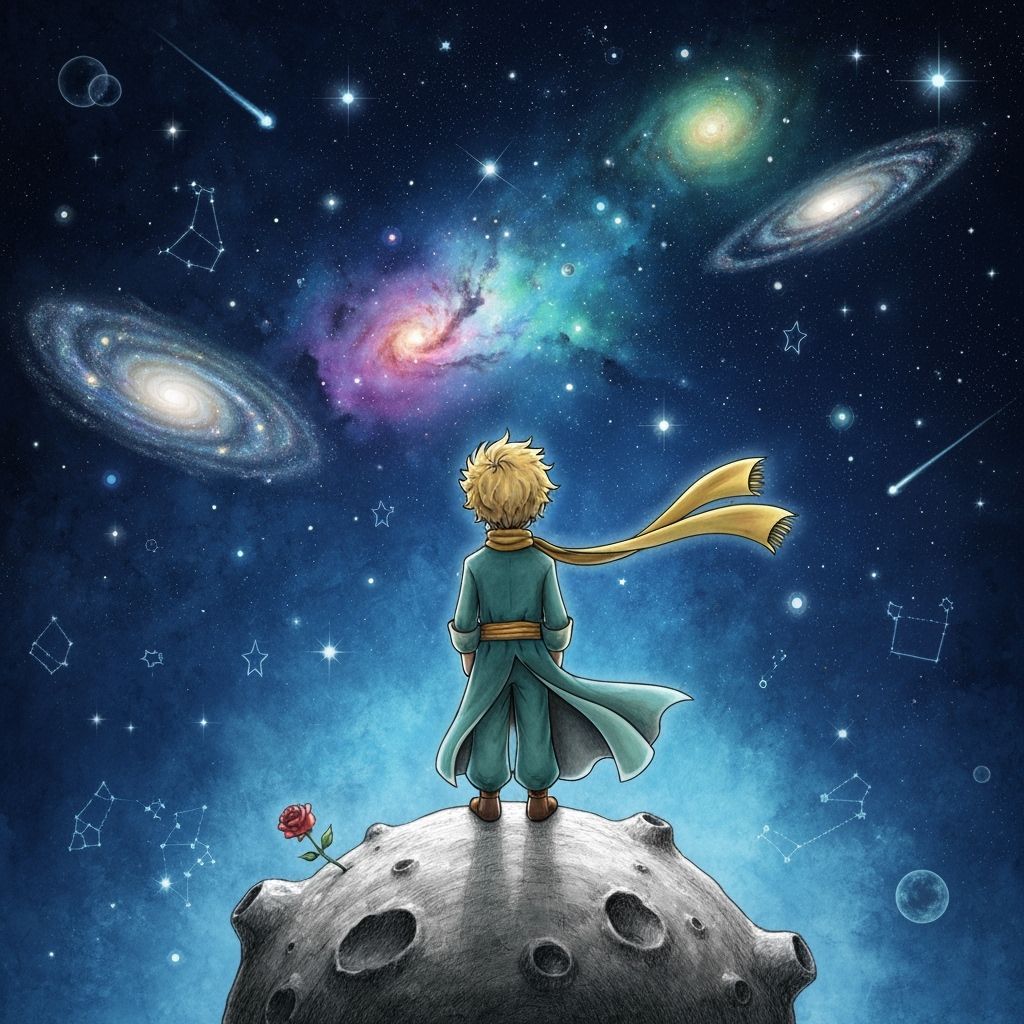 Little Prince Gazing at Cosmic Sky, Storybook Art