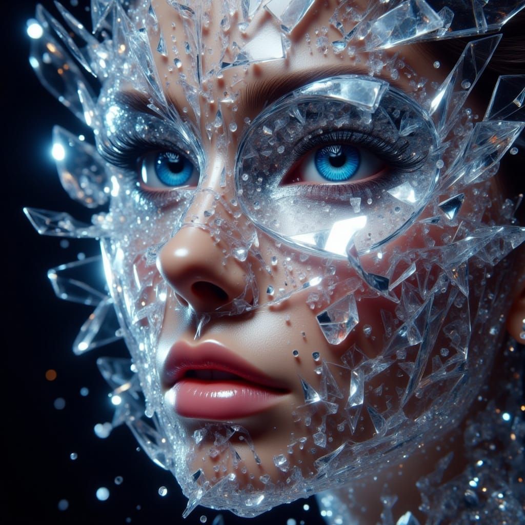 Hyperrealistic Woman's Face Shattered with Crystal Glass