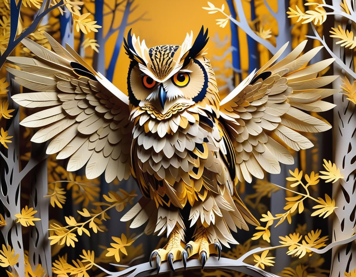 Kirigami European Eagle Owl in Forest
