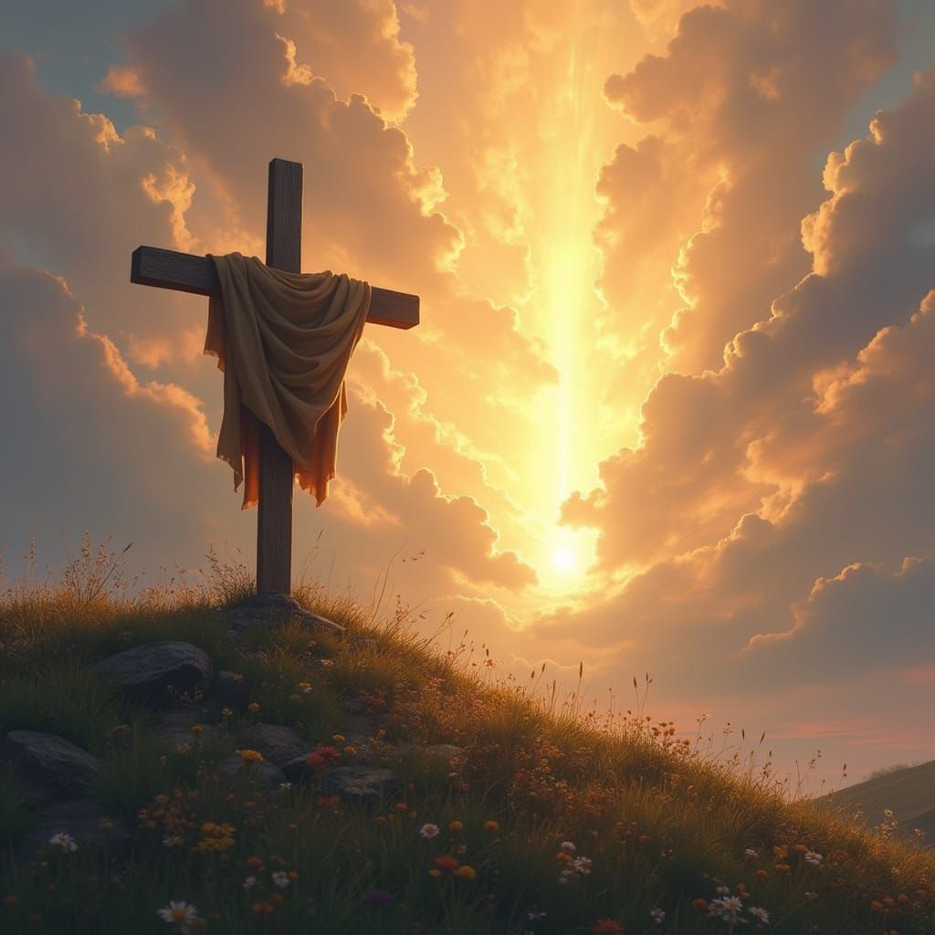 Radiant Cross on Hill in Warm, Ethereal Style