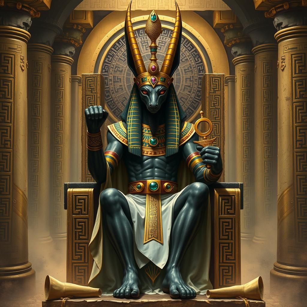 Anubis on Throne with Hieroglyphs in Surreal Style