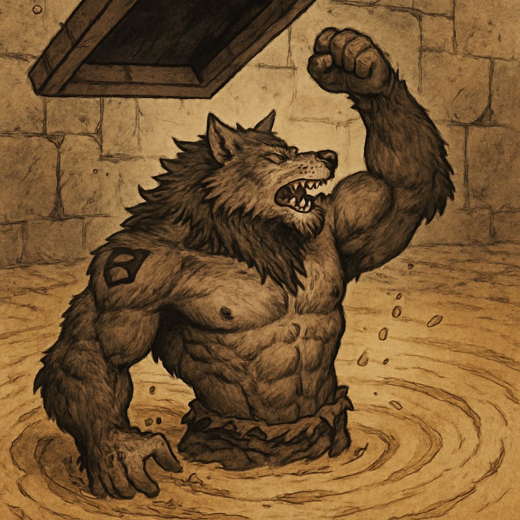 Tribal Wolf-Beastman Sinking in Quicksand Trap