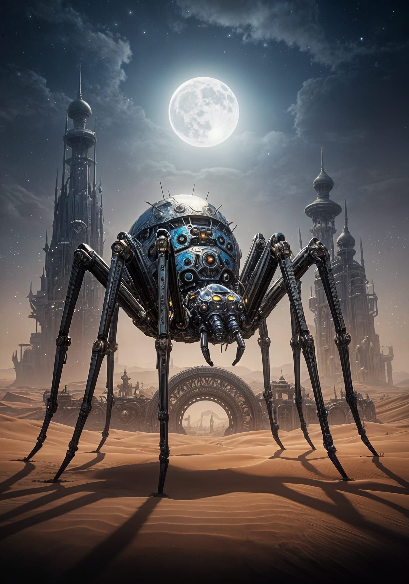 Mechanized Spider in Cyberpunk Desert Landscape