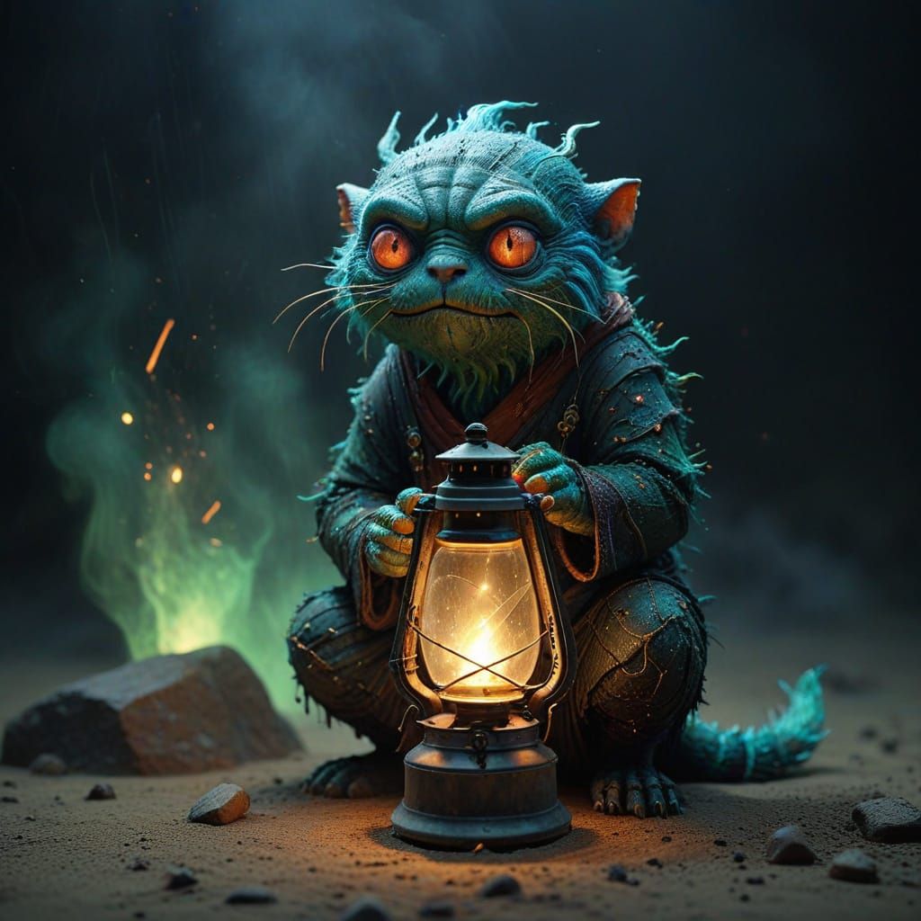 Chibli Creature Emerges with Lamp: Miyazaki-Inspired Art