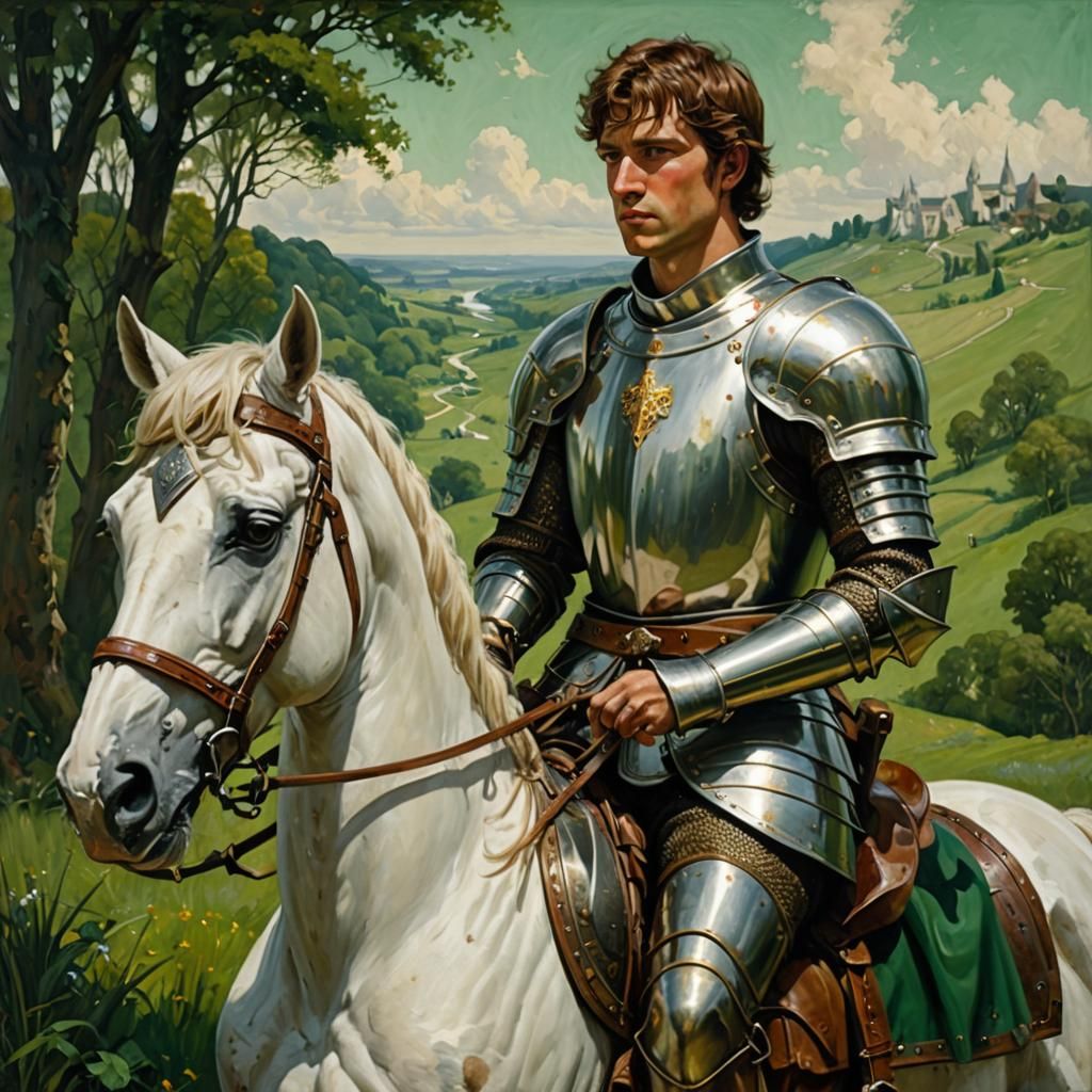 European Knight on White Warhorse in Oil Painting