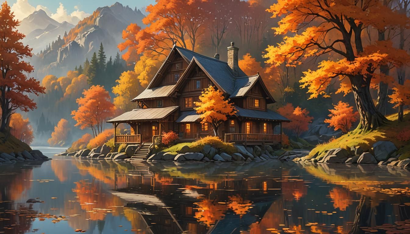 Cozy Autumn Cottage Lakeside Oil Painting