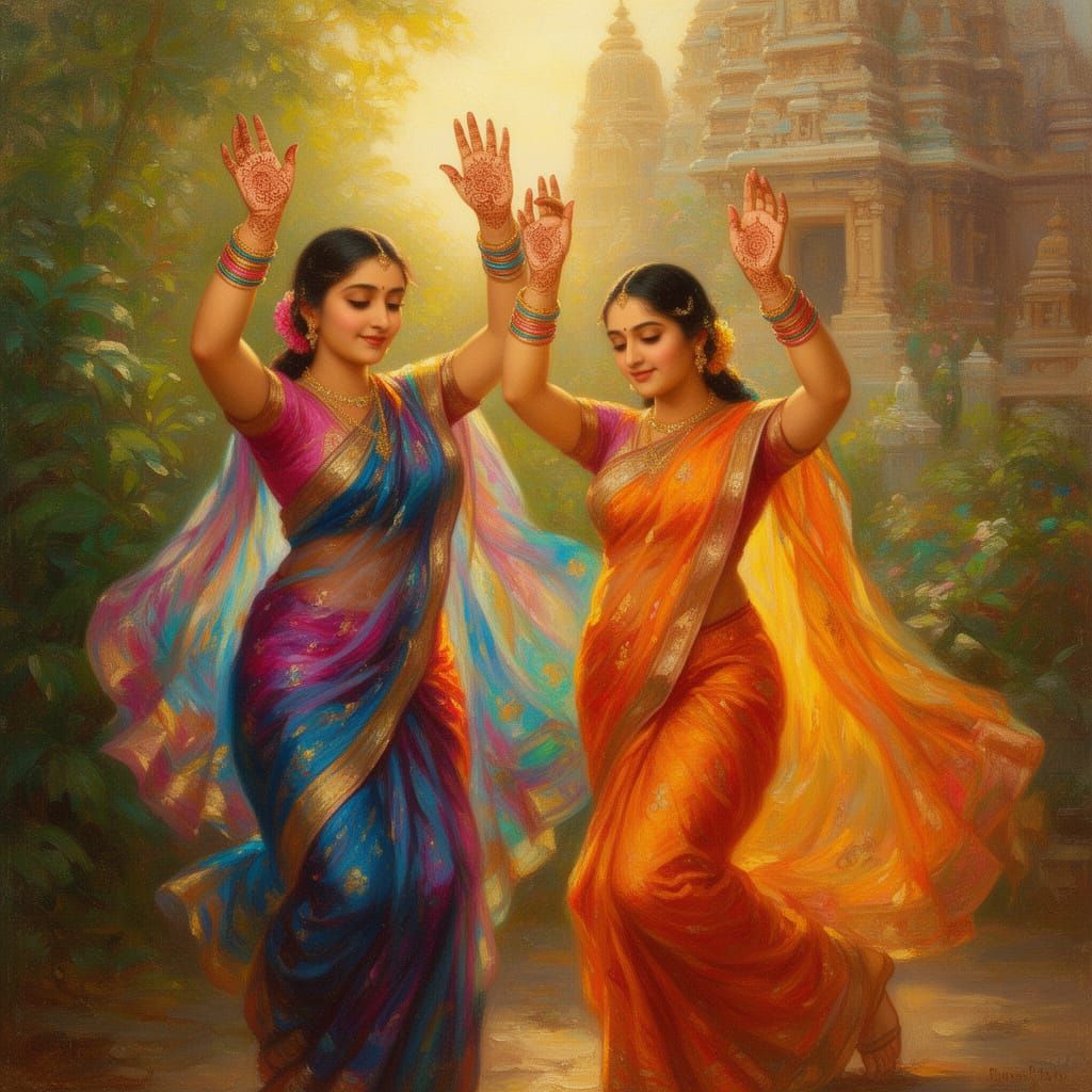 Indian Women Dancing in Silk Saris, Painterly Style