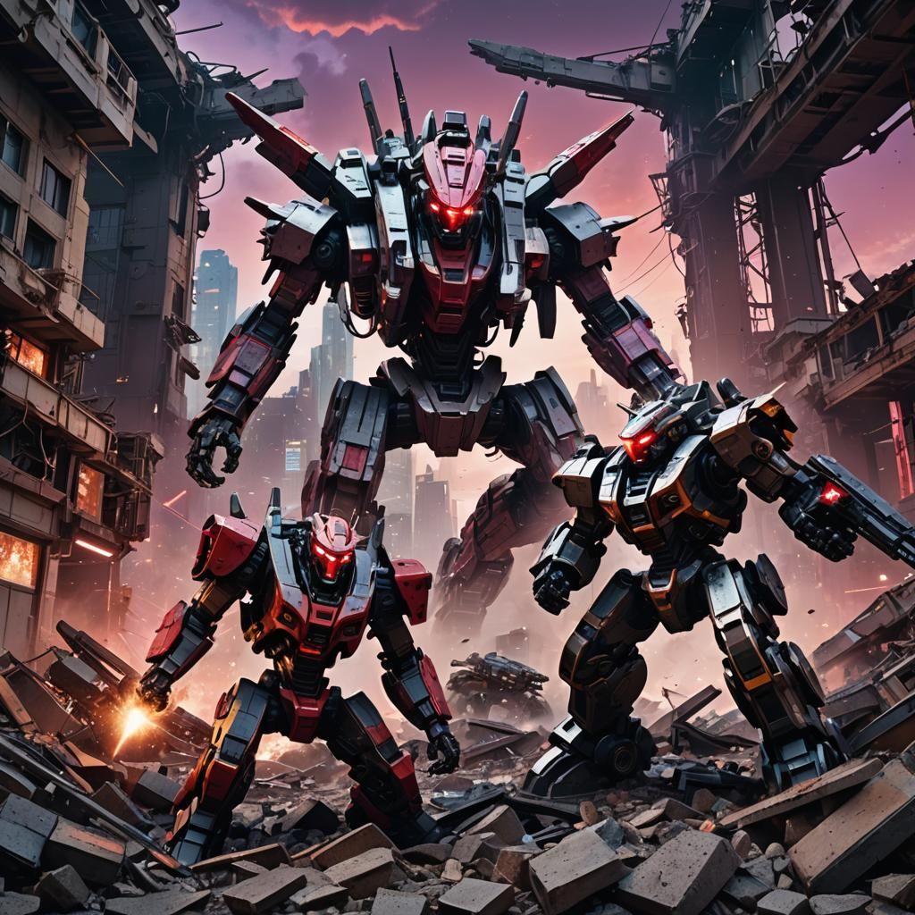 Futuristic Mecha Showdown in Neon Cityscape