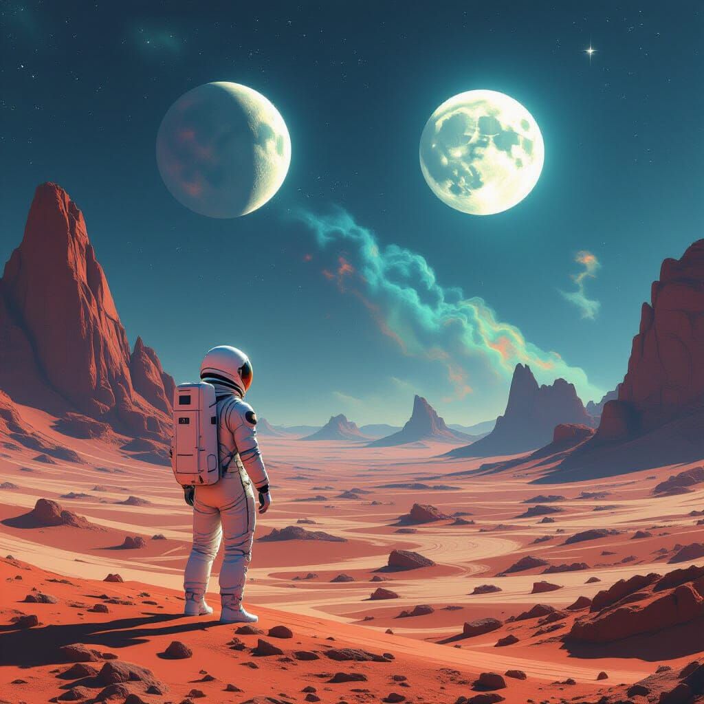 Astronaut Gazes at Alien Sky with Double Moons and Nebulae