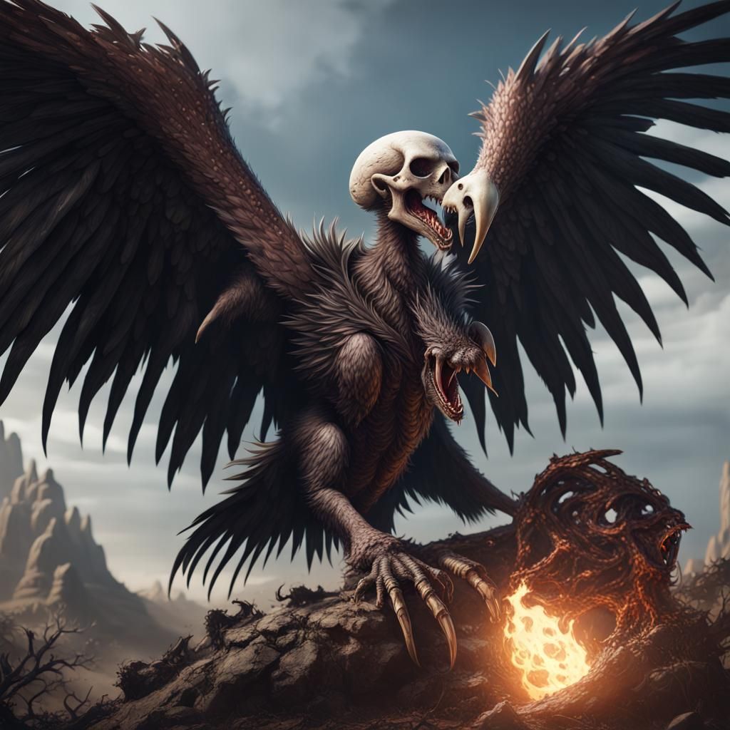 Skull-Headed Vulture Monster in Detailed Matte Painting
