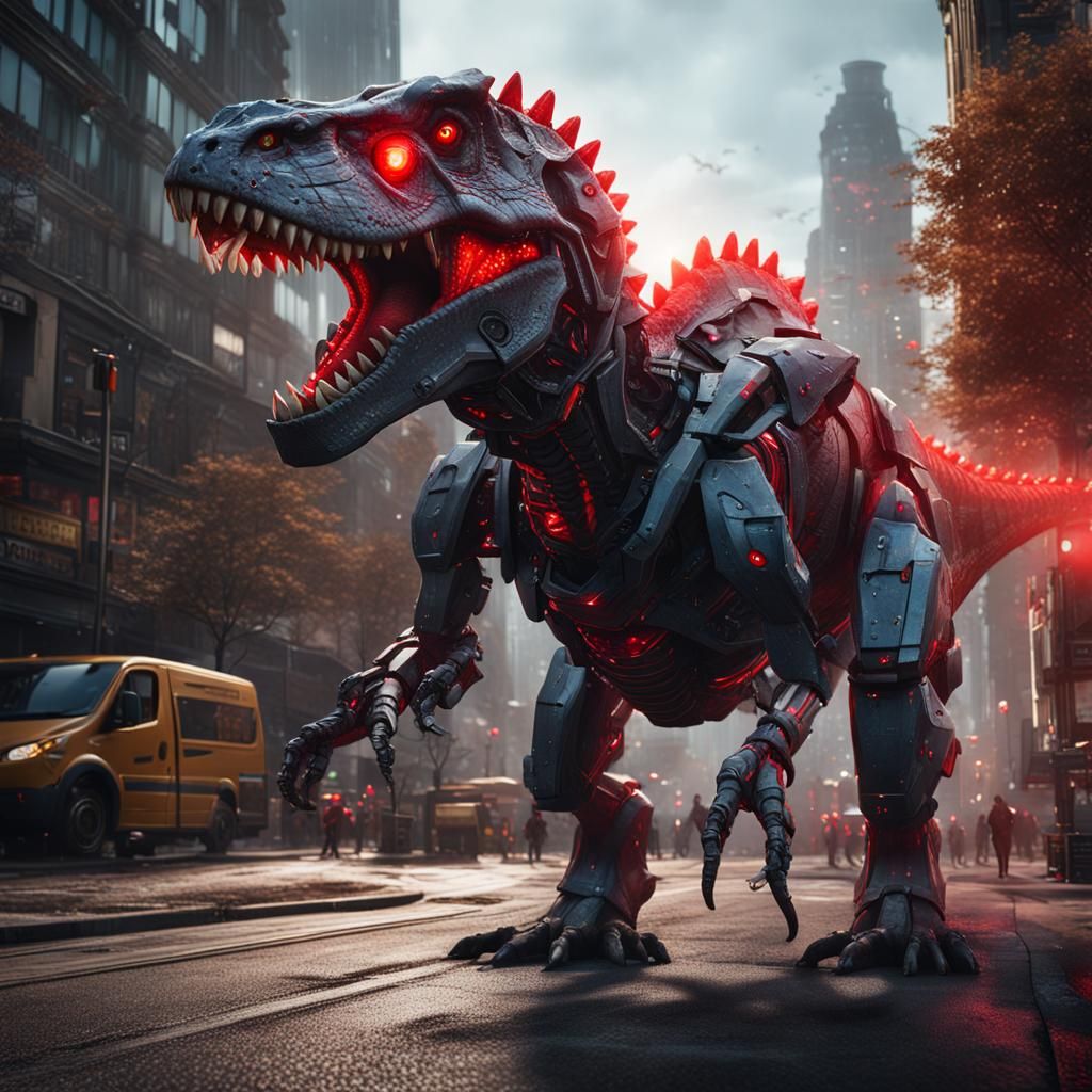 Realistic Robot Dinosaur Roaring in the City