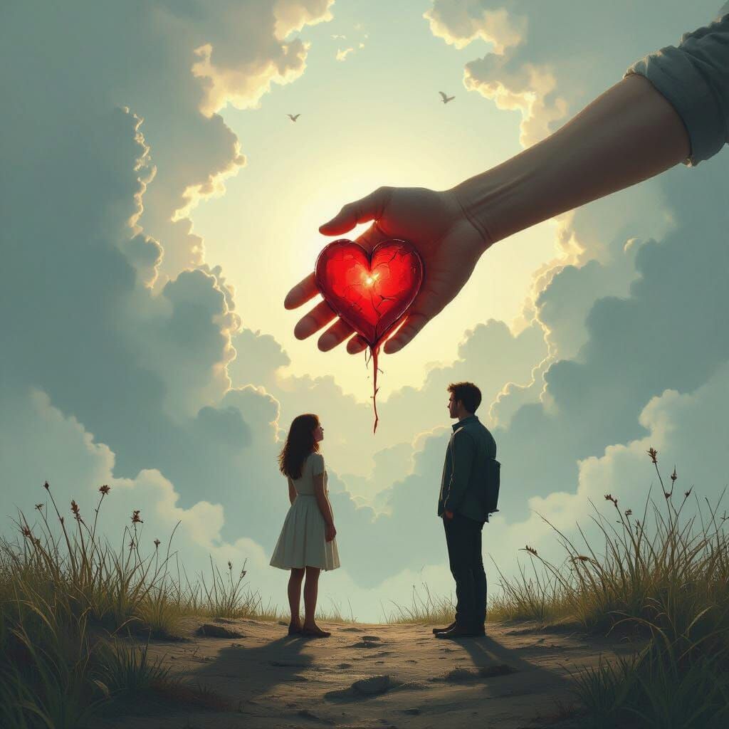 Hand Holds Broken Heart with Couple in Vivid Colors