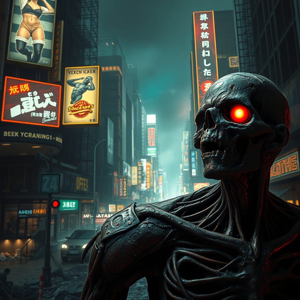 Cyberpunk Apocalypse: Ruined Cityscape with Reanimated Corps...